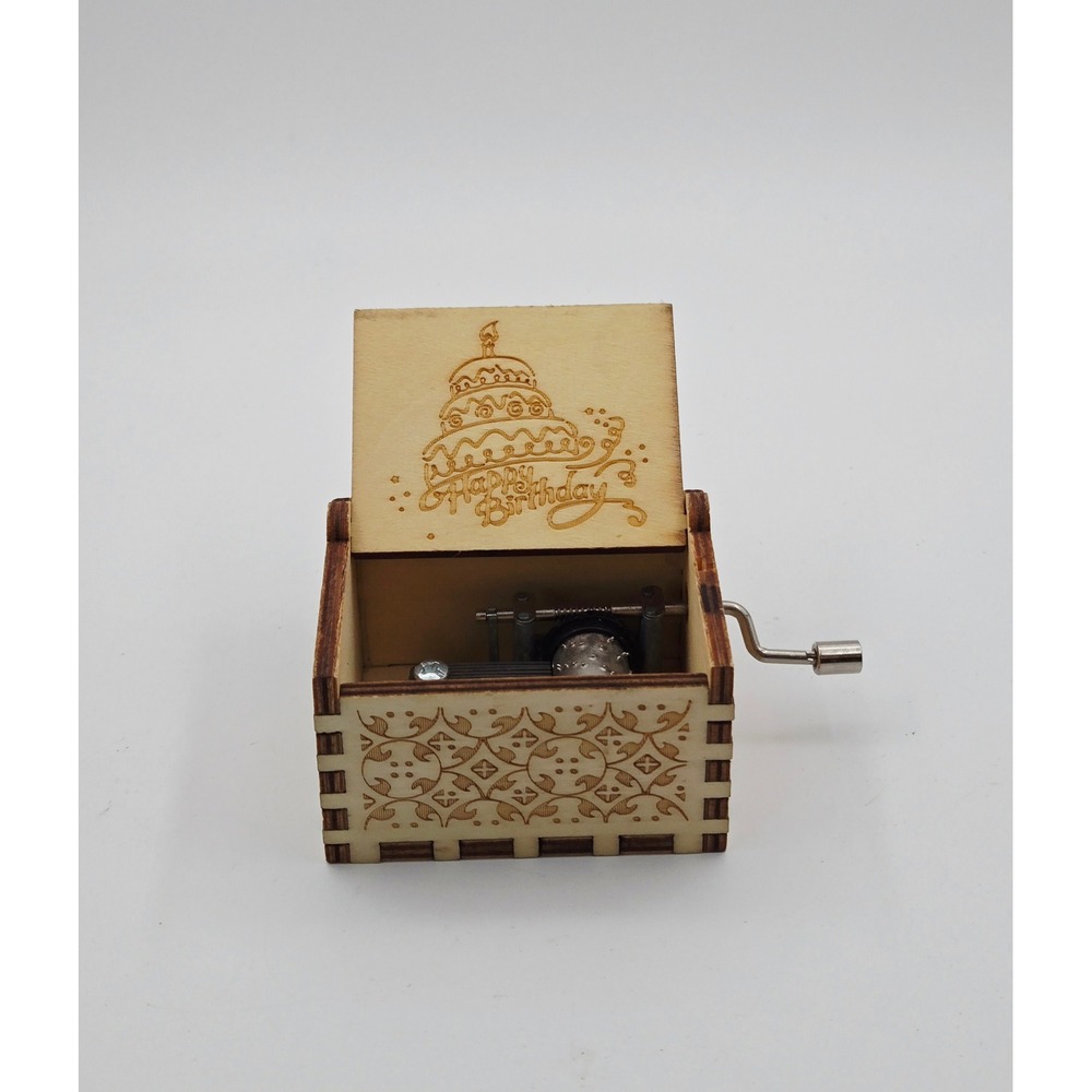 Happy Birthday Mini Wooden Music Box Hand Crank Laser Engraved Floral Design